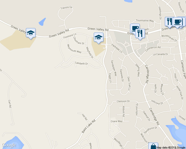 map of restaurants, bars, coffee shops, grocery stores, and more near 2512 Bass Lake Road in Rescue