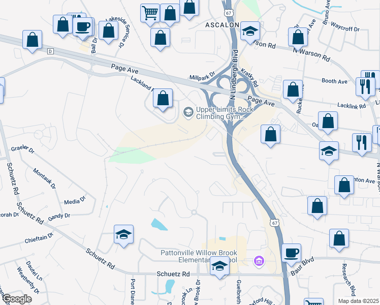 map of restaurants, bars, coffee shops, grocery stores, and more near 1611 Westport Cove Lane in St. Louis