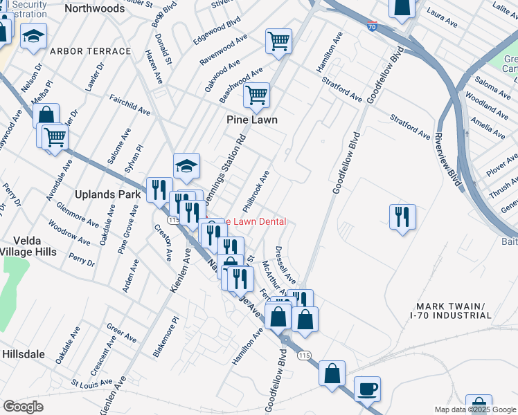 map of restaurants, bars, coffee shops, grocery stores, and more near 4233 Dardenne Drive in St. Louis