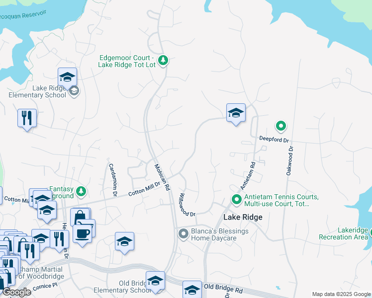map of restaurants, bars, coffee shops, grocery stores, and more near 12036 Stoneford Dr in Woodbridge