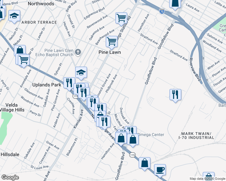 map of restaurants, bars, coffee shops, grocery stores, and more near 4233 Dardenne Drive in St. Louis