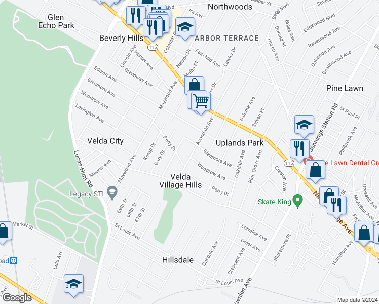 map of restaurants, bars, coffee shops, grocery stores, and more near 3453 Avondale Avenue in St. Louis