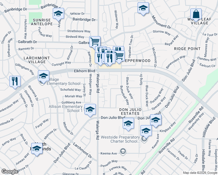 map of restaurants, bars, coffee shops, grocery stores, and more near 6853 Harlequin Way in Sacramento