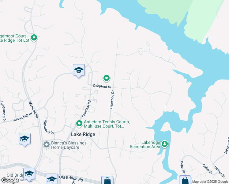 map of restaurants, bars, coffee shops, grocery stores, and more near 12203 Oakwood Drive in Woodbridge