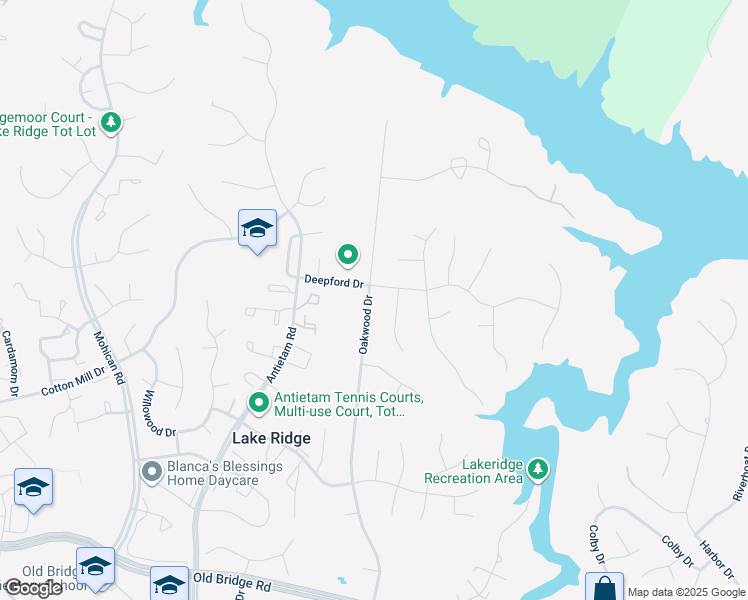 map of restaurants, bars, coffee shops, grocery stores, and more near 12203 Oakwood Drive in Woodbridge