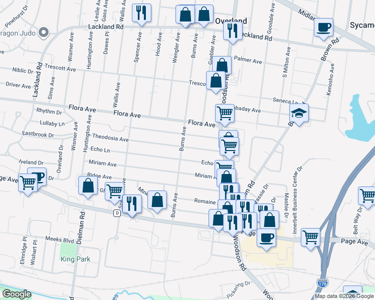 map of restaurants, bars, coffee shops, grocery stores, and more near 9434 Theodosia Avenue in Overland