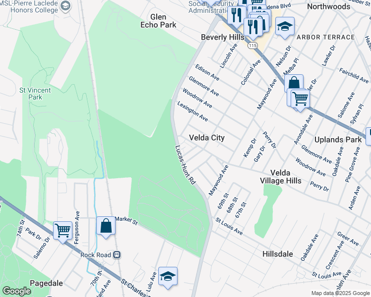 map of restaurants, bars, coffee shops, grocery stores, and more near 2816 Echo Glen Walk in St. Louis