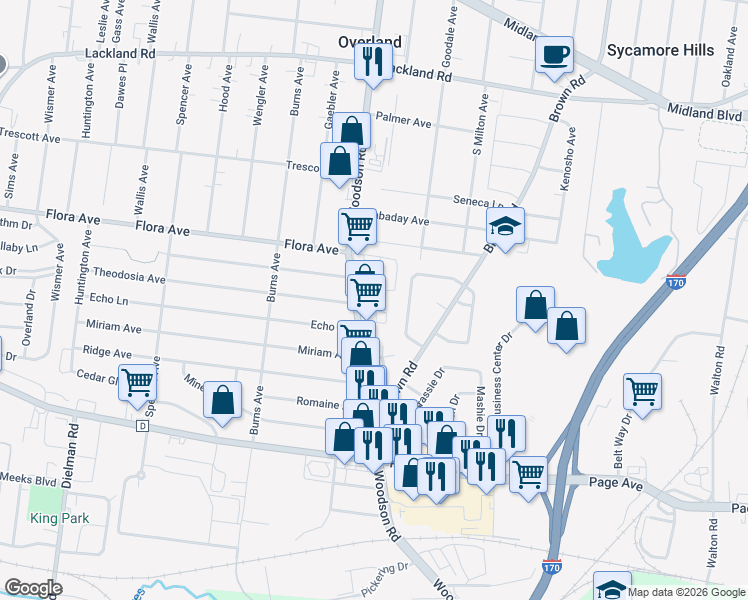 map of restaurants, bars, coffee shops, grocery stores, and more near 100 Kalen Drive in Overland