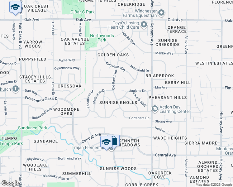 map of restaurants, bars, coffee shops, grocery stores, and more near 8381 Old Ranch Road in Orangevale