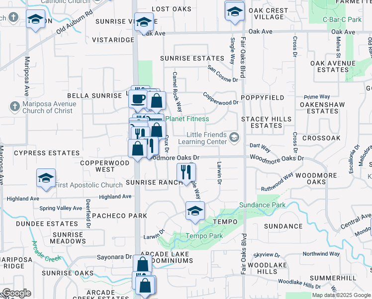 map of restaurants, bars, coffee shops, grocery stores, and more near 7990 Stone Canyon Circle in Citrus Heights