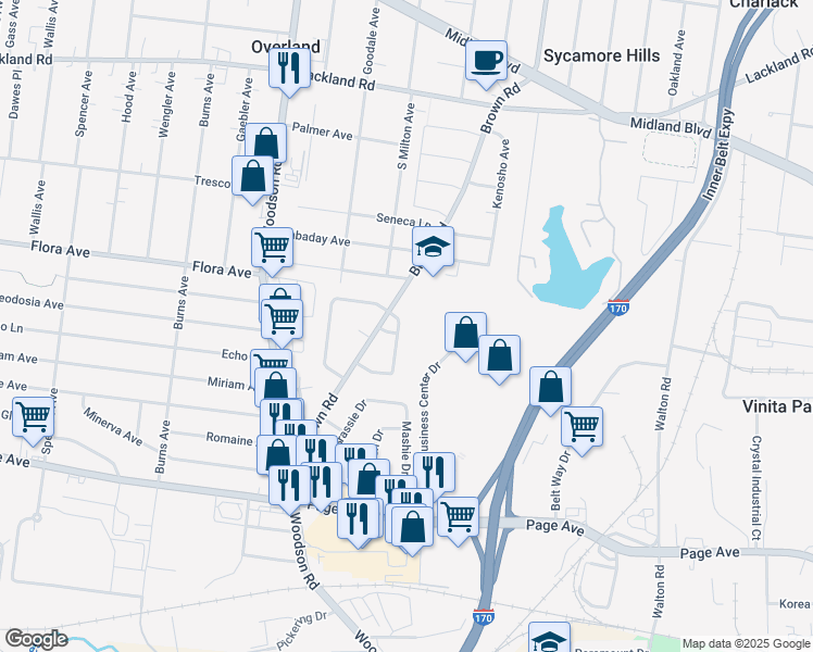 map of restaurants, bars, coffee shops, grocery stores, and more near 2044 Westbrook Drive in Overland