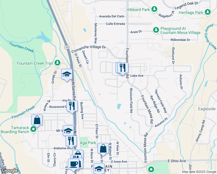 map of restaurants, bars, coffee shops, grocery stores, and more near 6848 Fountain Vista Circle in Fountain