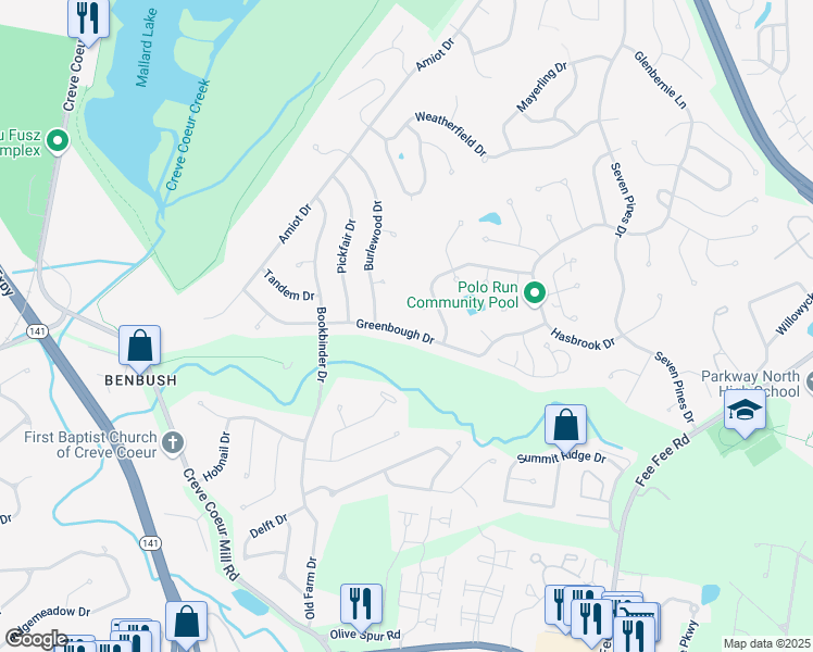 map of restaurants, bars, coffee shops, grocery stores, and more near 13129 Greenbough Drive in St. Louis