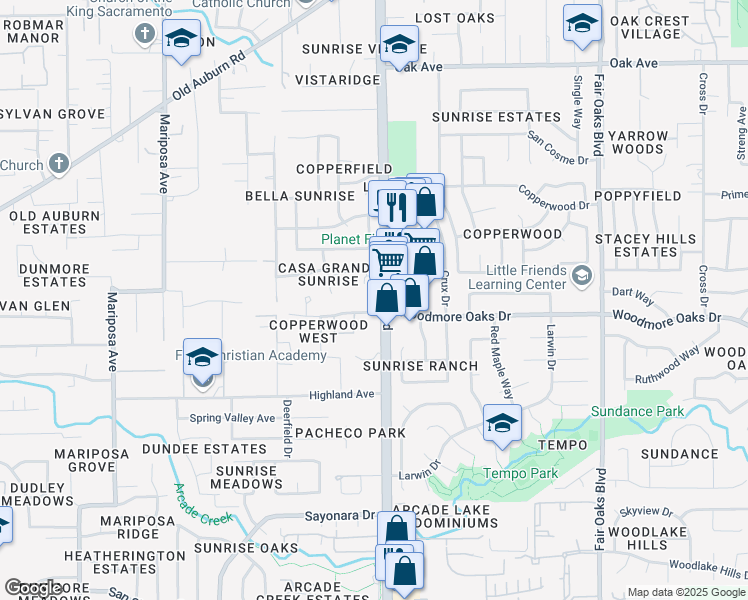 map of restaurants, bars, coffee shops, grocery stores, and more near 6939 Sunrise Boulevard in Citrus Heights