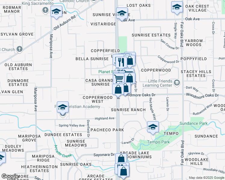 map of restaurants, bars, coffee shops, grocery stores, and more near 6939 Sunrise Boulevard in Citrus Heights