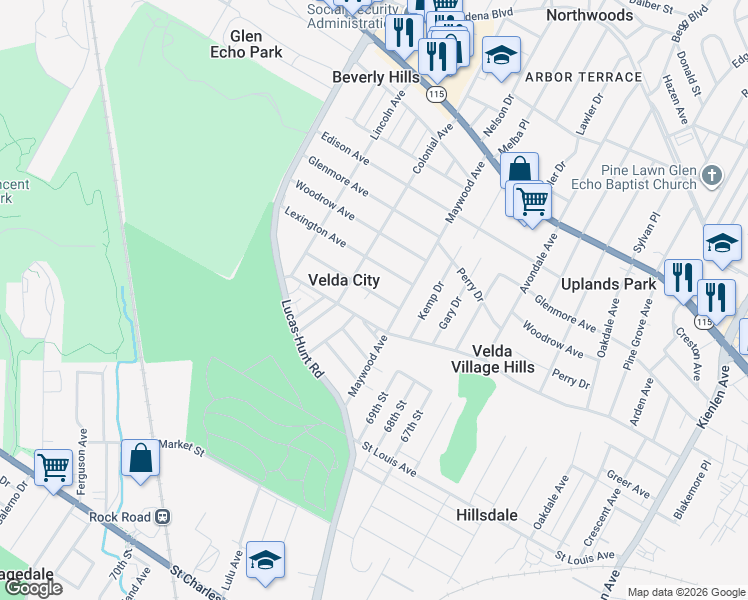 map of restaurants, bars, coffee shops, grocery stores, and more near 6924 Claremore Avenue in St. Louis