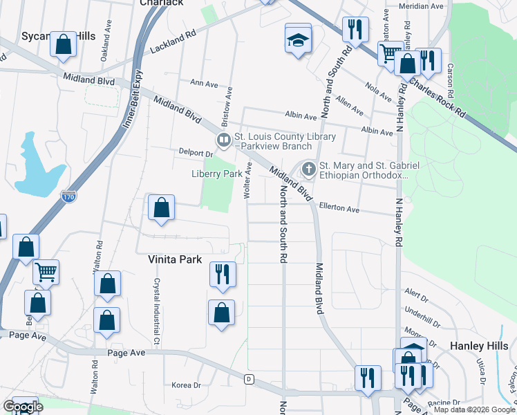 map of restaurants, bars, coffee shops, grocery stores, and more near 8328 Eads Avenue in St. Louis