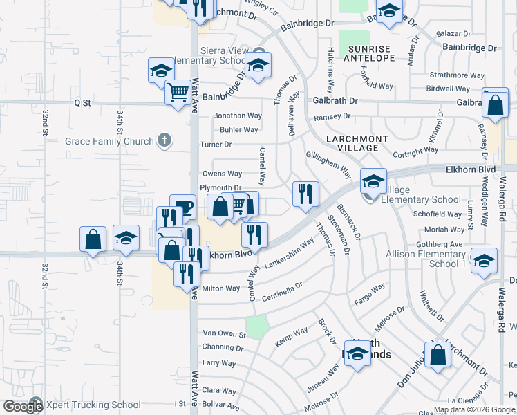 map of restaurants, bars, coffee shops, grocery stores, and more near 3685 Elkhorn Boulevard in North Highlands