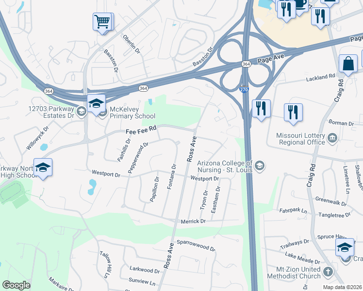 map of restaurants, bars, coffee shops, grocery stores, and more near 1650 Fontana Drive in Saint Louis