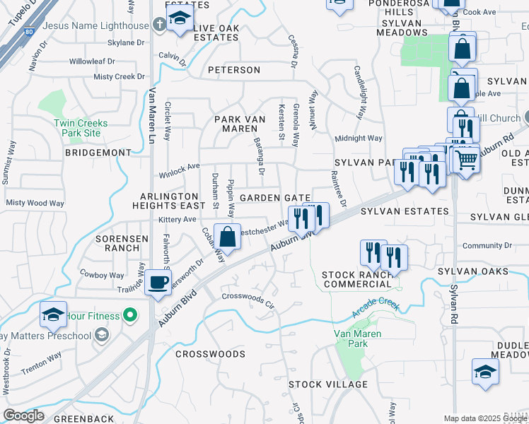 map of restaurants, bars, coffee shops, grocery stores, and more near 6933 Kittery Avenue in Citrus Heights