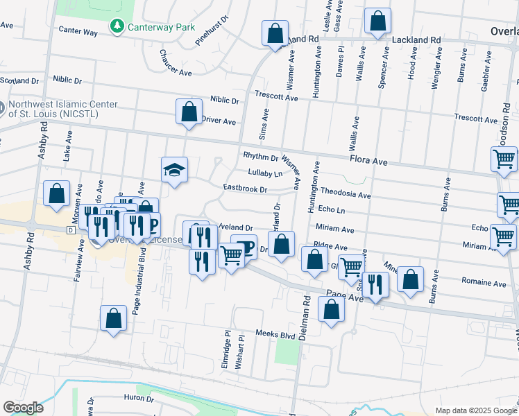 map of restaurants, bars, coffee shops, grocery stores, and more near 9823 Meadowview Drive in Overland