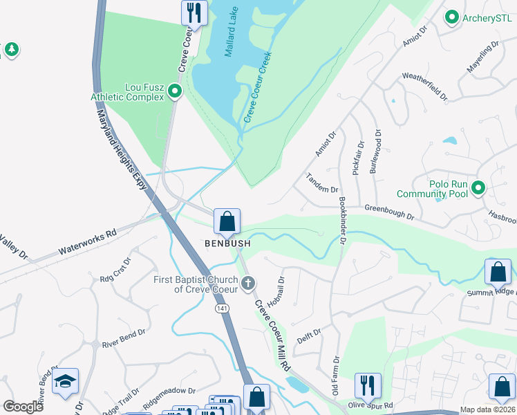 map of restaurants, bars, coffee shops, grocery stores, and more near 13810 Amiot Drive in St. Louis