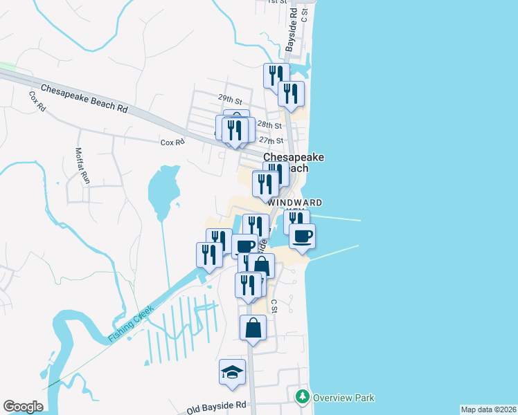 map of restaurants, bars, coffee shops, grocery stores, and more near 3825 G Stinnett Boulevard in Chesapeake Beach