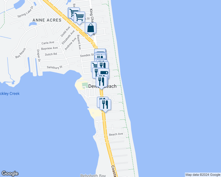 map of restaurants, bars, coffee shops, grocery stores, and more near 16 McKinley Street in Dewey Beach