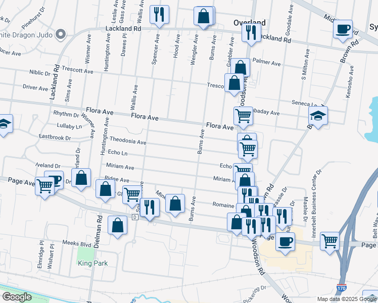 map of restaurants, bars, coffee shops, grocery stores, and more near 9508 Theodosia Avenue in Overland