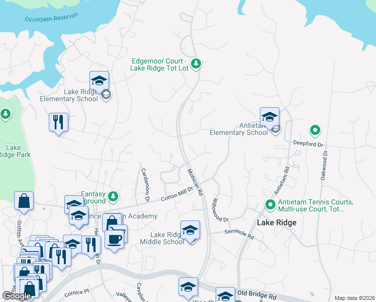 map of restaurants, bars, coffee shops, grocery stores, and more near 12022 Torrey Pine Court in Woodbridge