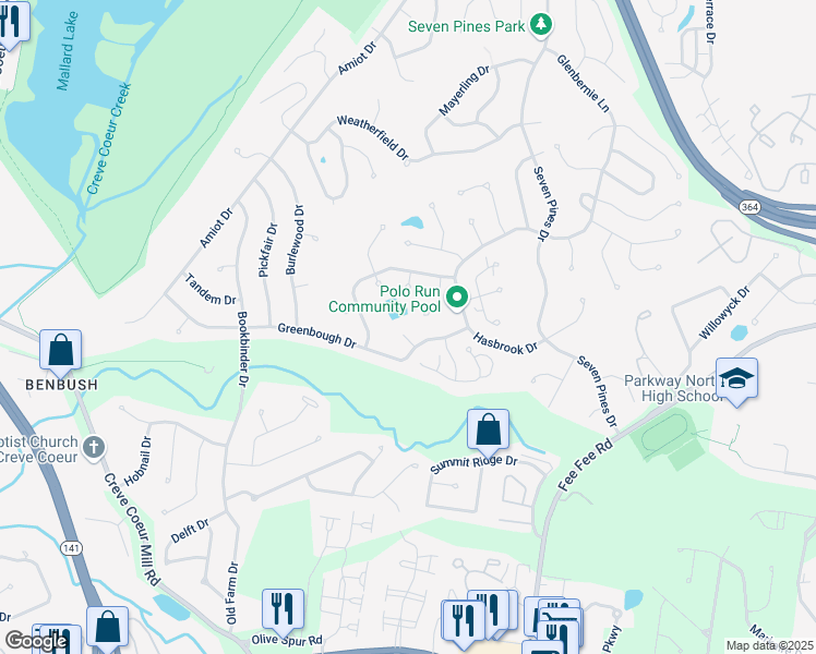 map of restaurants, bars, coffee shops, grocery stores, and more near 1808 Greenbough Court in St. Louis