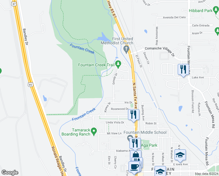 map of restaurants, bars, coffee shops, grocery stores, and more near 909 Grinde Drive in Fountain