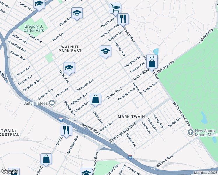 map of restaurants, bars, coffee shops, grocery stores, and more near Claxton Avenue in St. Louis