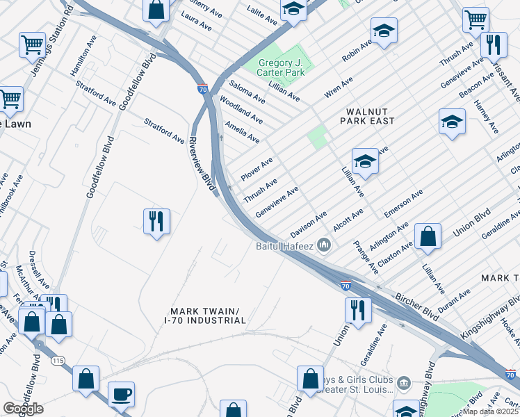 map of restaurants, bars, coffee shops, grocery stores, and more near 4707 Genevieve Avenue in St. Louis