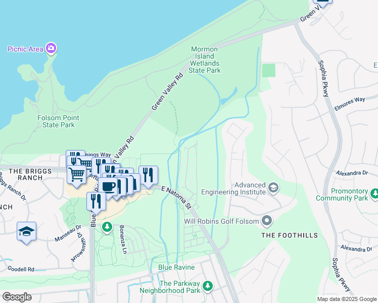 map of restaurants, bars, coffee shops, grocery stores, and more near 1510 Esplanade Circle in Folsom