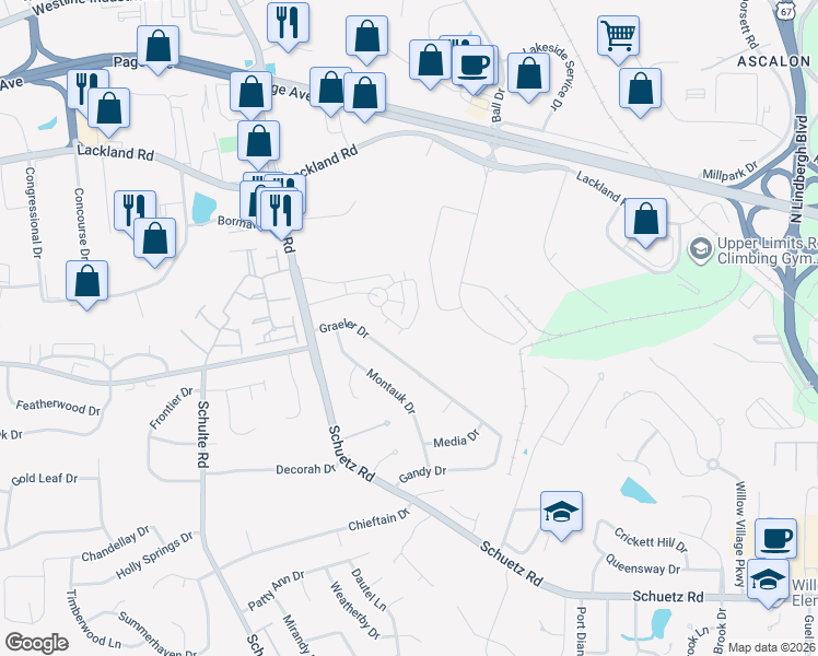 map of restaurants, bars, coffee shops, grocery stores, and more near 25 Graeler Drive in St. Louis