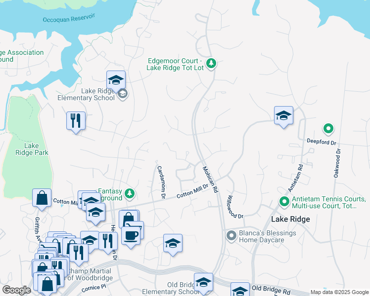 map of restaurants, bars, coffee shops, grocery stores, and more near 3187 Arrowhead Court in Woodbridge