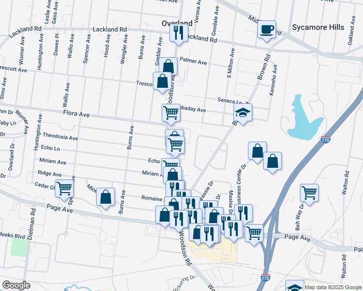 map of restaurants, bars, coffee shops, grocery stores, and more near 30 Kalen Drive in Overland