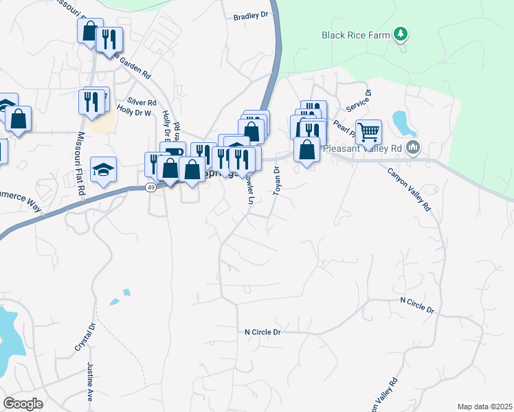map of restaurants, bars, coffee shops, grocery stores, and more near 4271 Fowler Lane in Diamond Springs