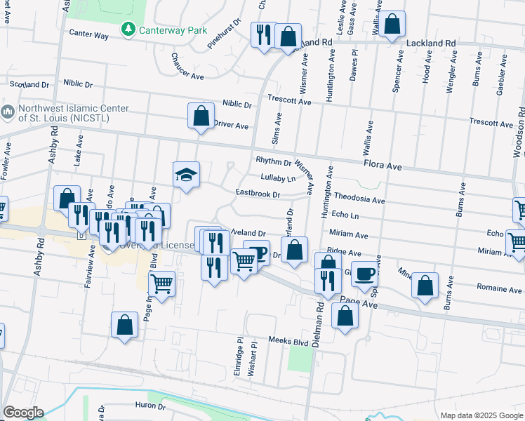 map of restaurants, bars, coffee shops, grocery stores, and more near 9823 Meadowview Drive in Overland