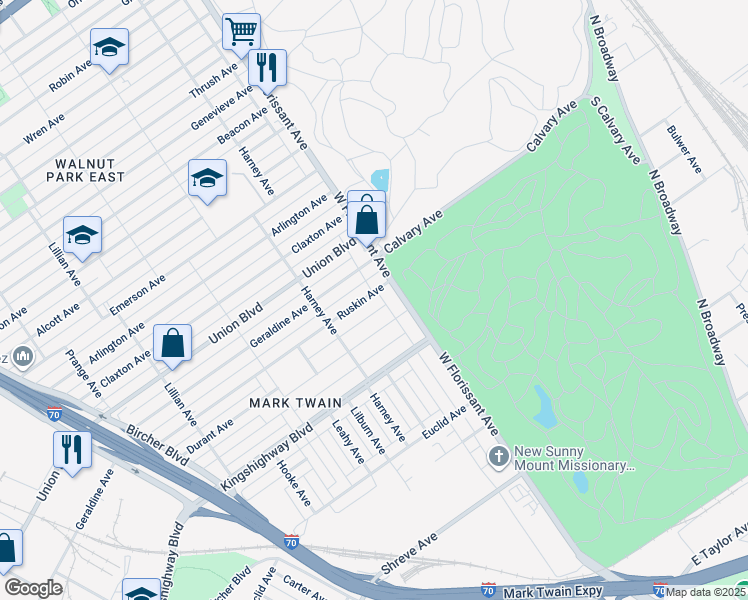 map of restaurants, bars, coffee shops, grocery stores, and more near 5456 Ruskin Avenue in St. Louis