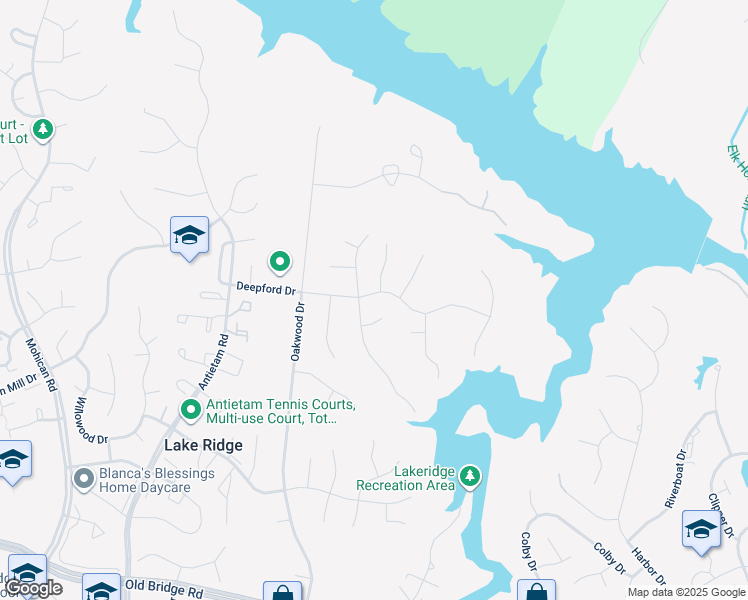 map of restaurants, bars, coffee shops, grocery stores, and more near 2615 Deepford Drive in Woodbridge