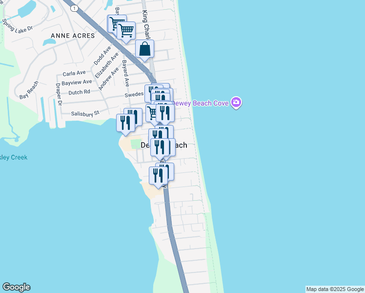 map of restaurants, bars, coffee shops, grocery stores, and more near 16 McKinley Street in Dewey Beach