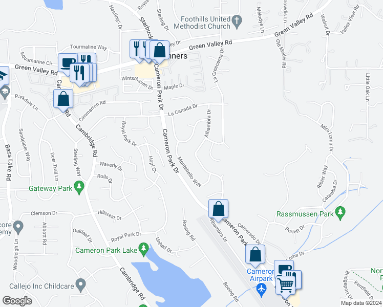 map of restaurants, bars, coffee shops, grocery stores, and more near 2824 Alhambra Drive in Cameron Park