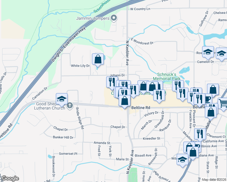 map of restaurants, bars, coffee shops, grocery stores, and more near 1101 Beltline Road in Collinsville