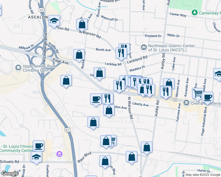 map of restaurants, bars, coffee shops, grocery stores, and more near 10755 Page Avenue in St. Louis