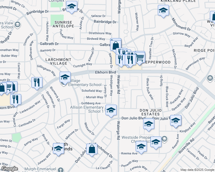 map of restaurants, bars, coffee shops, grocery stores, and more near 6905 Weddigen Way in North Highlands