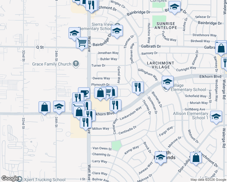 map of restaurants, bars, coffee shops, grocery stores, and more near Unnamed Road in North Highlands