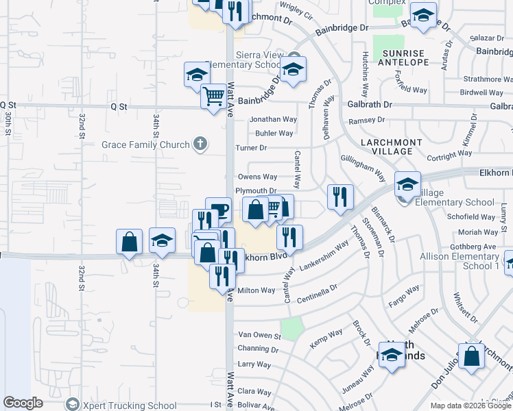 map of restaurants, bars, coffee shops, grocery stores, and more near 6920 Watt Avenue in North Highlands