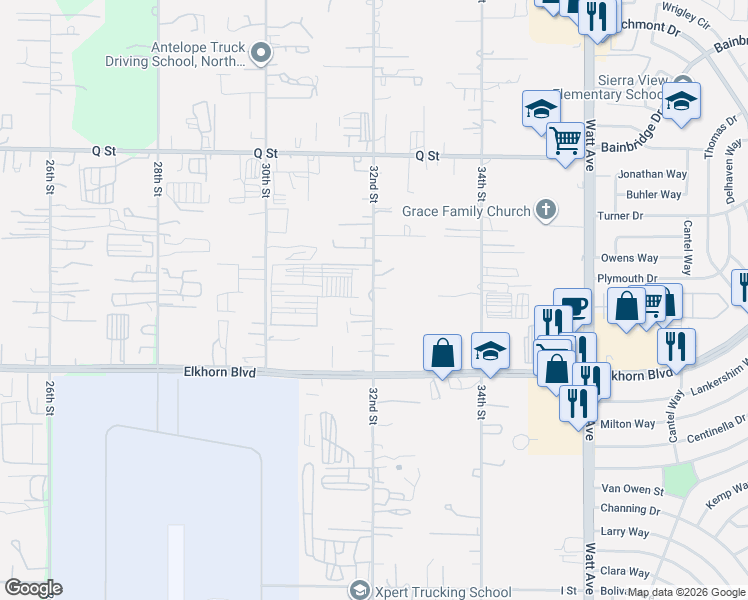 map of restaurants, bars, coffee shops, grocery stores, and more near 6911 32nd Street in North Highlands